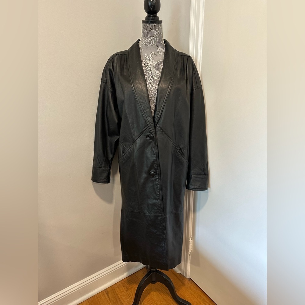 Vintage 90s Jacqueline Ferrar Sz: S Black Leather Button Up Long Trench Coat.
